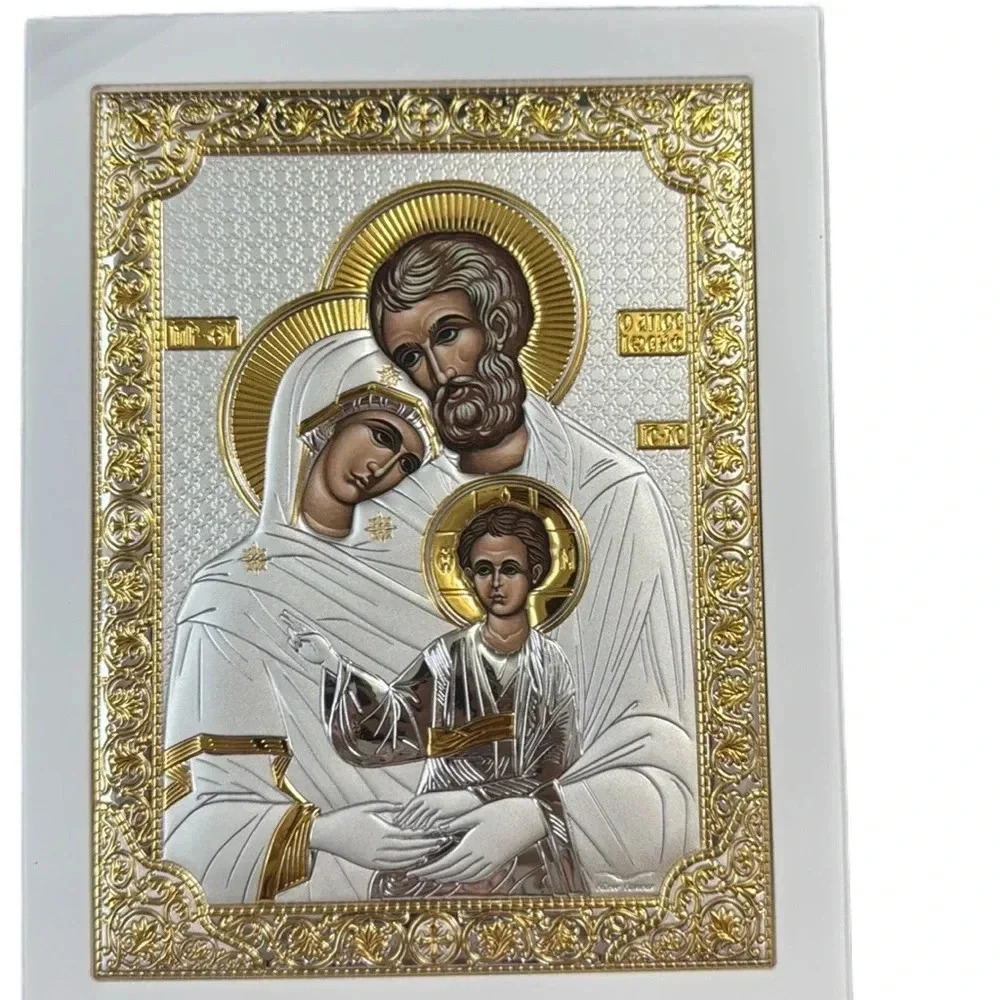Silver Canvas Holy Family Byzantine Silver Icon/Greek/Handmade (9 1/2 x 7 1/4)